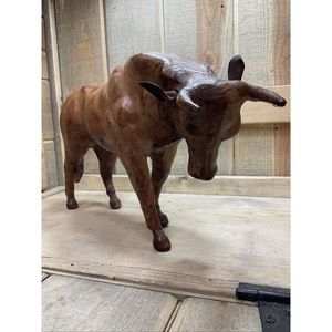 𝅺VINTAGE Leather Wrapped Bull Sculpture Glass Eyes Figurine Rare